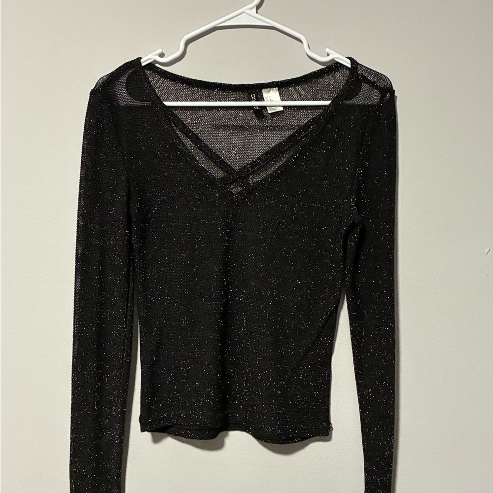 H&M Black Sparkle Sheer V-Neck Long Sleeve Top